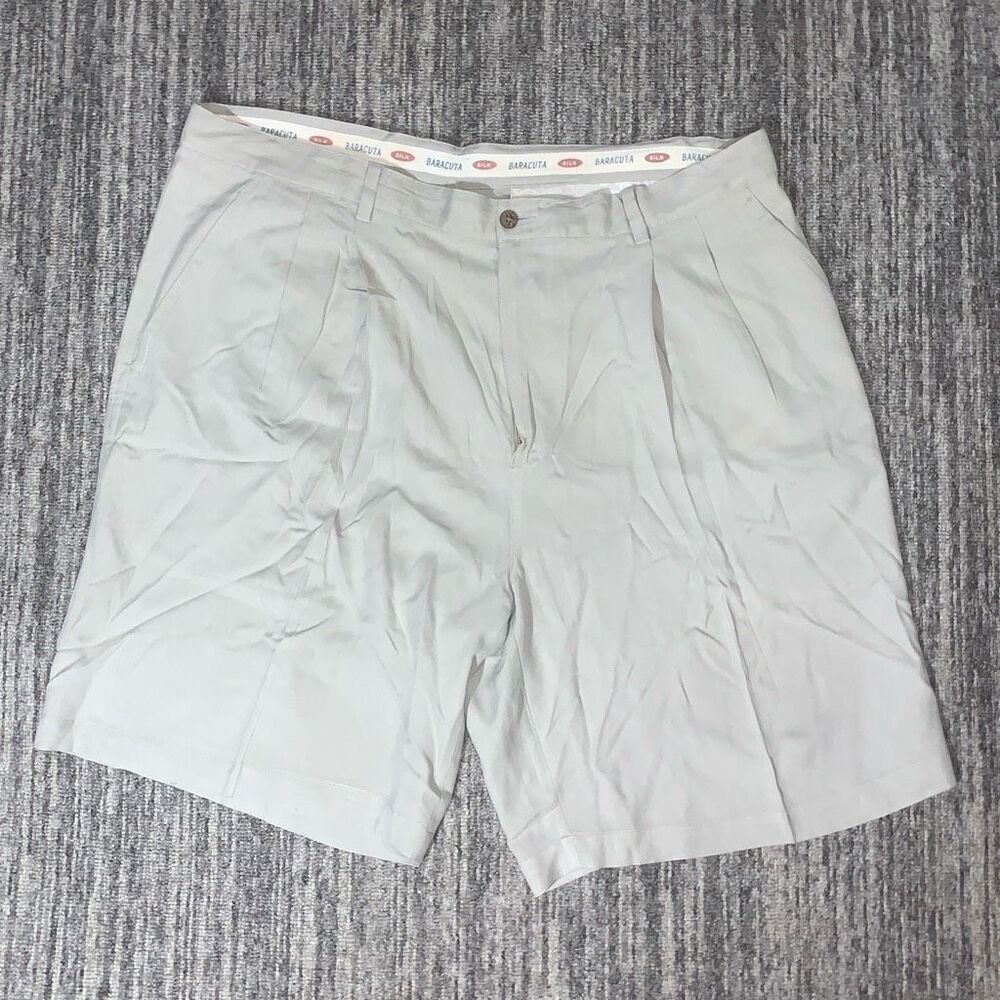 Baracuta‎ Mens Size 40 Waist Silk Chino Pleated Front Shorts Tan Khaki Pockets *